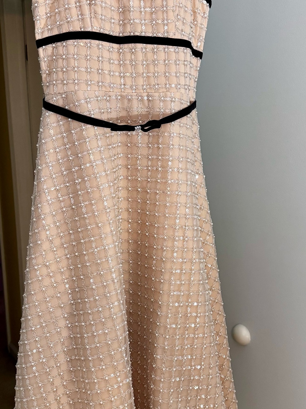 Embellished Blush Champagne A-Line Wedding Dress with Black Trim